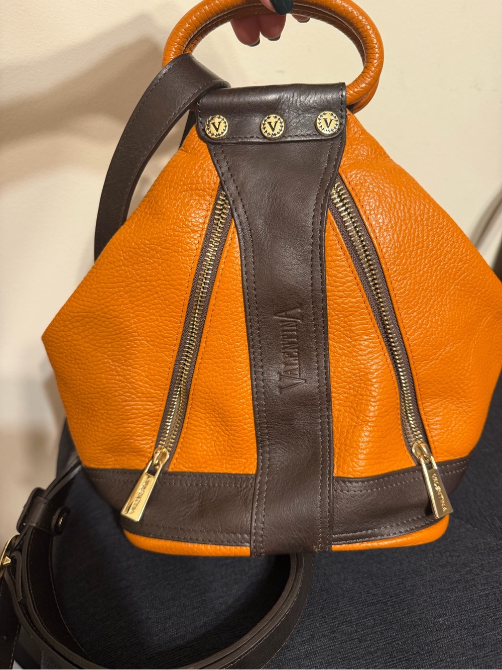 Valentina Orange and Brown Leather Crossbody Backpack